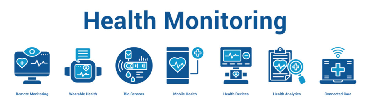 Health Monitoring web banner icon set vector illustration concept for business with icon of Remote Monitoring, Wearable Health, Bio Sensors, Mobile Health, Health Devices, Health Analytics, Connec.