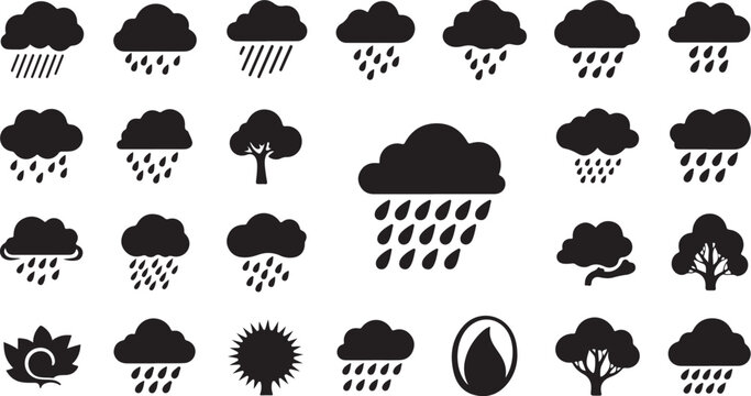 Rain clouds weather and tree silhouette icon set