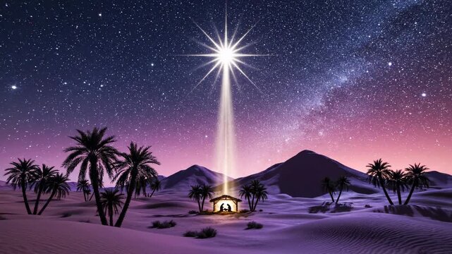 Sacred Nativity Scene with silhouettes of the holy family under a bright star in the desert perfect for Christmas celebrations and religious storytelling.