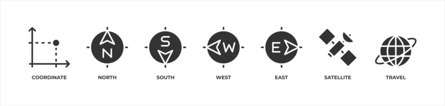 Compass Direction and Travel Route ConceptIcons set vector illustration glyph with Coordinate, North, South, West, East, Satellite, Travel