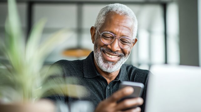 Senior man happily reviewing retirement savings account