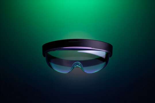 futuristic ar smart visor floating in neon green gradient background for tech innovation