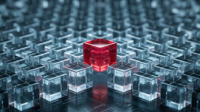 Red cube anomaly among uniform transparent cubes in a digital grid for outlier identification.