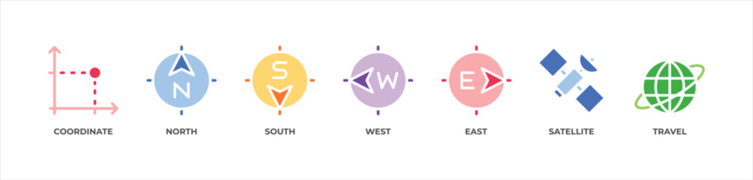 GPS Satellite and World Navigation Illustration Icons set vector illustration glyph color with Coordinate, North, South, West, East, Satellite, Travel