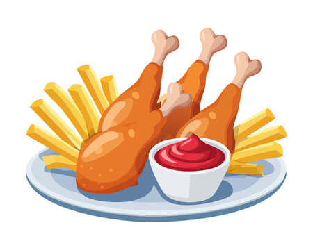 Delicious looking crispy golden fried chicken drumsticks with french fries number 97 - Vector Illustration