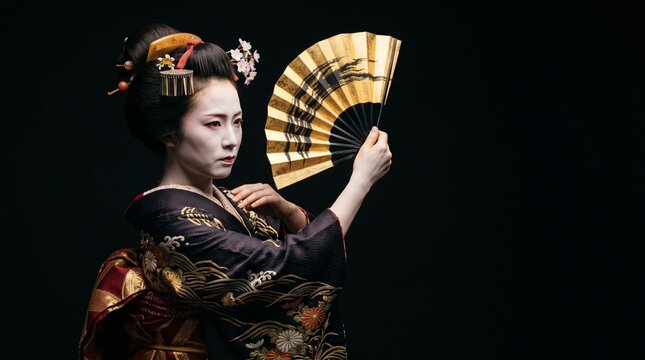 漆黒の静寂と優雅な日本の美。白塗りと着物姿が際立つ日本人芸者の真剣で美しいポートレート