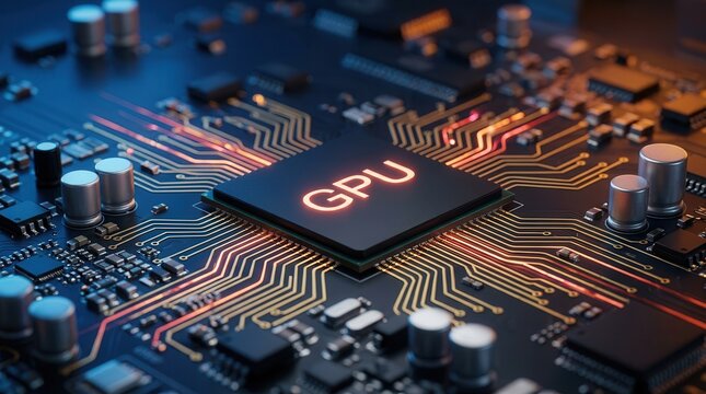Close-up of a high-performance GPU chip with intricate circuitry on a motherboard.