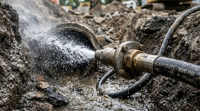 High-pressure hydro jetting cleaning an excavated sewer pipe to clear a blockage.