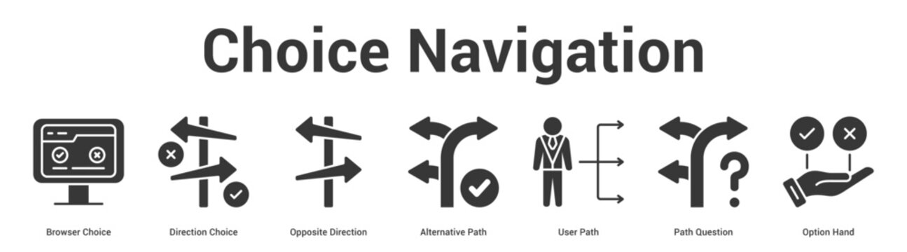 Choice Navigation web banner icon set vector illustration concept for business with icon of Browser Choice, Direction Choice, Opposite Direction, Alternative Path, User Path, Path Questi.