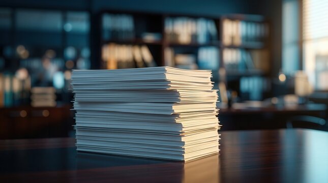 Stack of documents on a desk with a blurred file shelf background representing record retention.