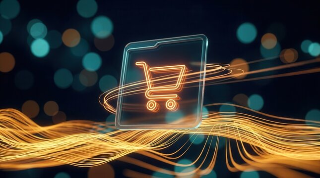 Abstract digital illustration of a shopping cart icon over a glowing data stream for customer behavior analytics.