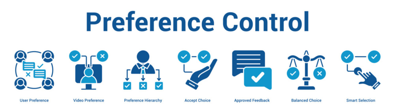 Preference Control web banner icon set vector illustration concept for business with icon of User Preference, Video Preference, Preference Hierarchy, Accept Choice, Approved Feedback, Balanced Choi.