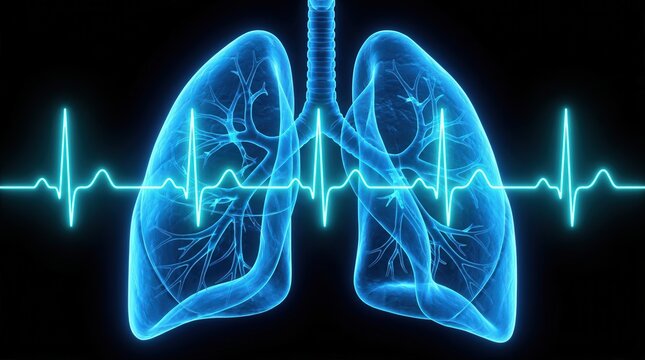 Transparent lung illustration overlaid on an electrocardiogram trace showing cardiovascular risk.