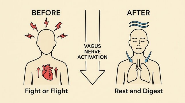 Vagus nerve activation illustration showing the transition from fight or flight to rest and digest.