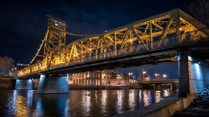Fototapeta premium Intricate Steel Truss Bridge with Warm Night Lights / 温かい光に照らされた重厚なスチールトラス橋の夜景