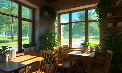 Fototapeta premium A rustic coffee shop on a summer day at midday, anime-style illustration
