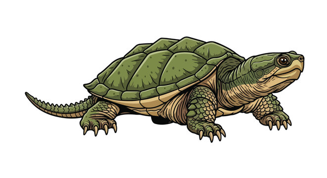 Detailed Snapping Turtle Illustration with Green Shell and Scaly Skin Isolated on White Background