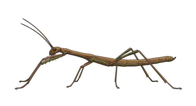 Detailed Stick Insect Illustration Isolated on White Background, Walking Stick Bug Phasmid Phasmida Camouflaged Mimicry Creature