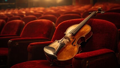 Obraz premium An antique Italian violin rests on a red velvet chair in an empty theater, soft cinematic lighting.