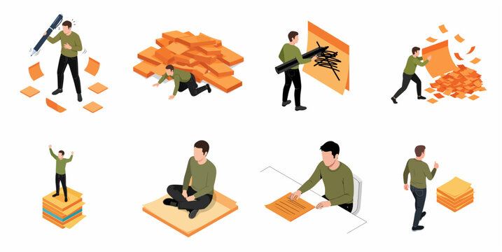Isometric businessman managing workload with sticky notes set, office productivity and stress management concept illustrations