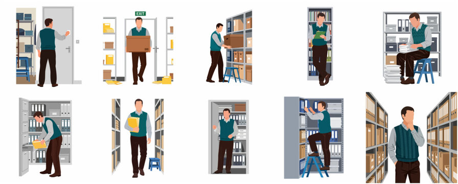 Professional Office Clerk Managing Document Archive and File Storage Records Vector Illustration Set
