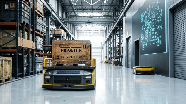 Automated guided vehicle carrying cargo pallet in modern smart warehouse logistics- 3D rendering