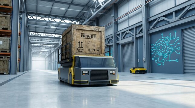 Automated guided vehicle carrying cargo pallet in modern smart warehouse logistics- 3D rendering