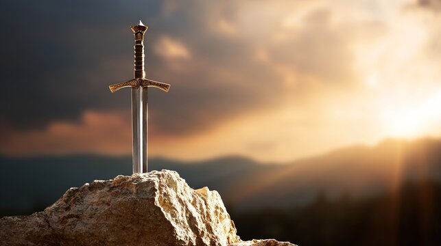 longsword. Knight's longsword thrust into craggy rock, dramatic sunset backlight, heroic. inspiring travel planning, event programs, designed for cultural heritage projects and event programs.