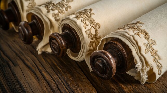 torah. Hebrew scripture scroll on ornate wooden rollers, covered with an embroidered velvet cloth. event programs, museum guides, designed for cultural heritage projects and event programs.