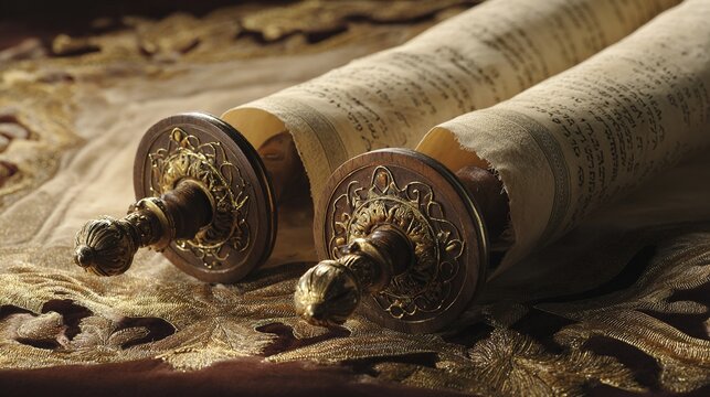 torah. Hebrew scripture scroll on ornate wooden rollers, covered with an embroidered velvet cloth. event programs, museum guides, designed for cultural heritage projects and event programs.