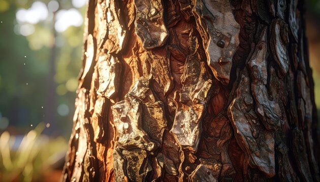 Close up of textured pine tree bark illuminated by warm sunlight.