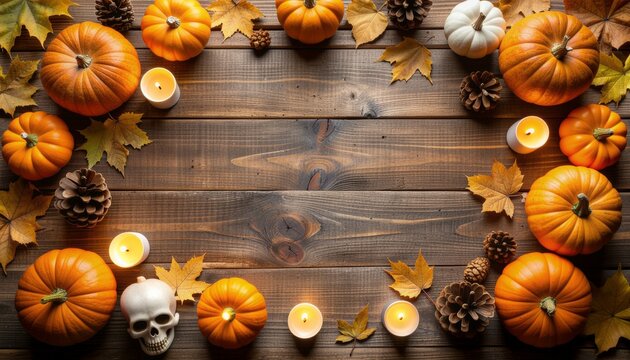 A seasonal harvest of orange Halloween pumpkins and decorative gourds rests on a rustic wooden background with autumn leaves for a festive October Thanksgiving celebration