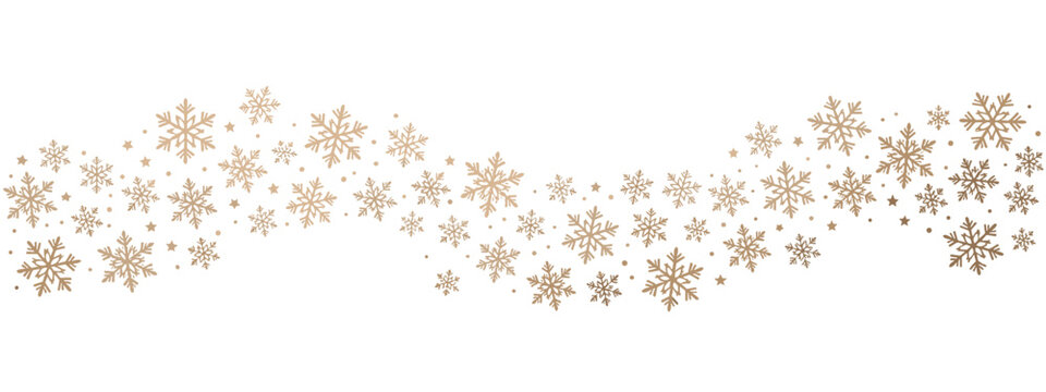 Golden snowflakes and stars scattered across a white background in a wavy pattern winter
