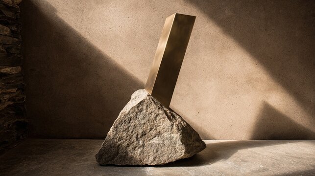 spearhead. Geometric bronze spearhead sculpture mounted on rough stone plinth. event programs, museum guides, designed for cultural heritage projects and event programs, elevates cultural identity.