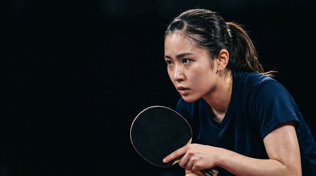 漆黒の静寂とアスリートの闘志。汗ばむ横顔とラケットを握る手に宿る、日本人女性卓球選手の極限の集中力と決意