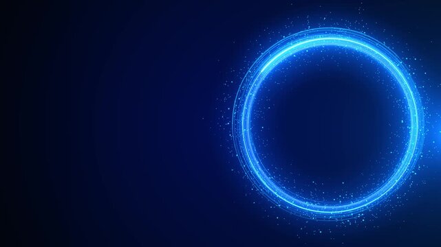 Blue glowing particle ring background luminous circular frame, sparkling dots, dark copy space, clean tech energy. for logo reveals, titles, AI videos, portal effects, sci fi intros, and overlays.