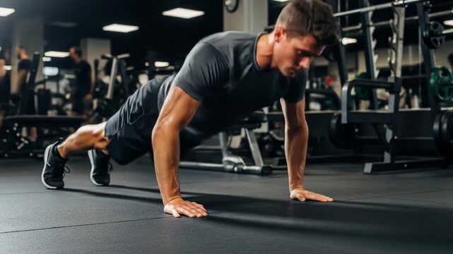 Man doing push ups in gym.