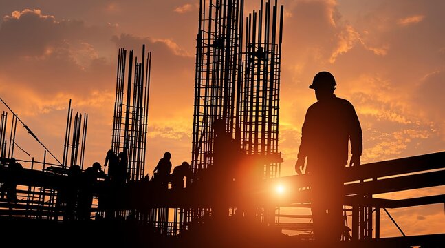 Construction workers silhouetted against a vibrant sunset sky during a building project
