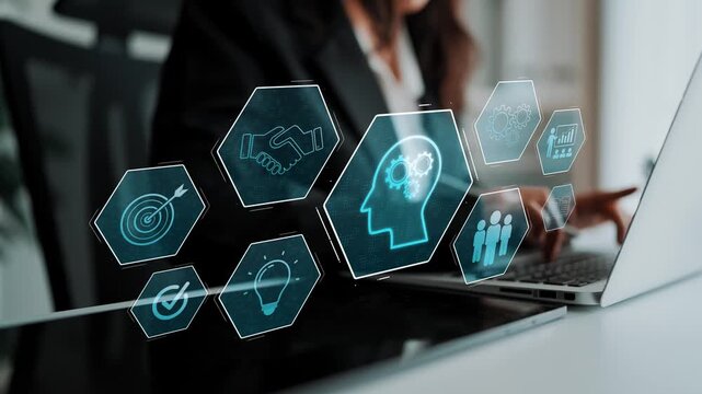 Head with gear and icons representing learning, digital training, and development process, showing skill growth for human or AI systems through knowledge or task optimization Marrow