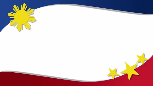 Patriotic Philippine flag background with stylized sun and three stars on blue, white and red waves; ideal for national celebration, independence events, posters, invitations, and presentation.