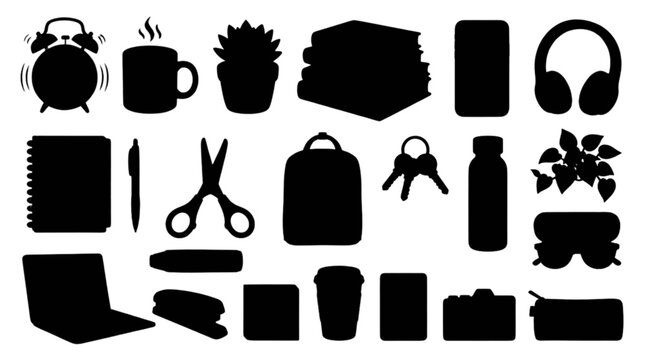flat lay workspace essentials with icons for productivity and remote work lifestyle