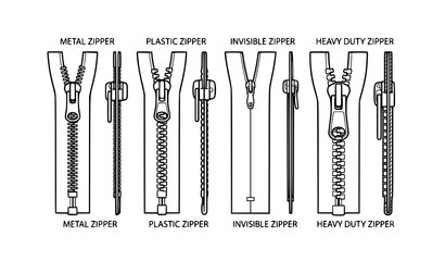 Zipper Styles Technical Vector Illustration Black and White CAD Inspired Drawing © MdSajedurRahman
