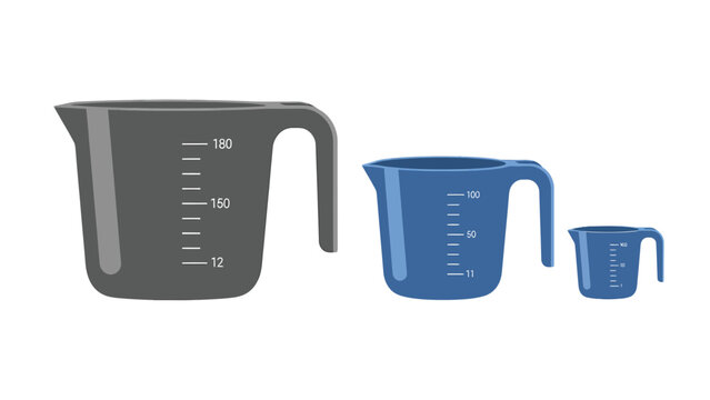 Three graduated measuring cups of different sizes and colors, isolated on a white background.