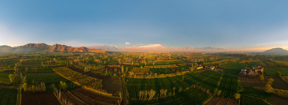 A 12k Agricultural panoramic vista during the golden hour, showing the diverse stages of cultivation from green growing crops to freshly plowed earth
