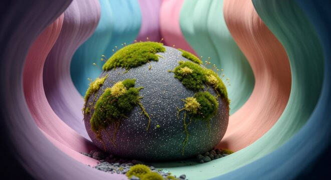 Conceito de natureza: globo abstrato com musgo e fundo colorido em camadas