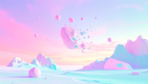 Paisagem abstrata com elementos flutuantes