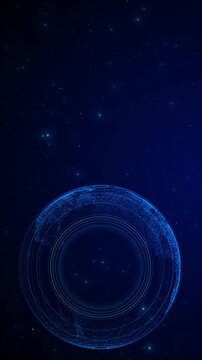 Blue wire earth technology with left aligned globe, dark star field, and circular data rings. for world business videos, internet promos, cyber security intros, science visuals, and overlays.