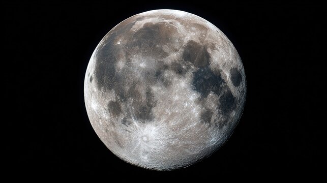 phase. A high-resolution full moon isolated against dark space, showcasing detailed lunar surface under dramatic lighting. STEM education sheets.