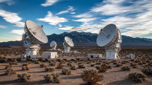Vast Radio Telescope Array in Desert Landscape at Sunset.