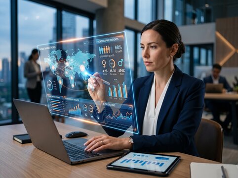 Businesswoman using AI driven analytics for customer data marketing, target audience analysis, CRM strategy, data insights and digital business optimization concept. 
